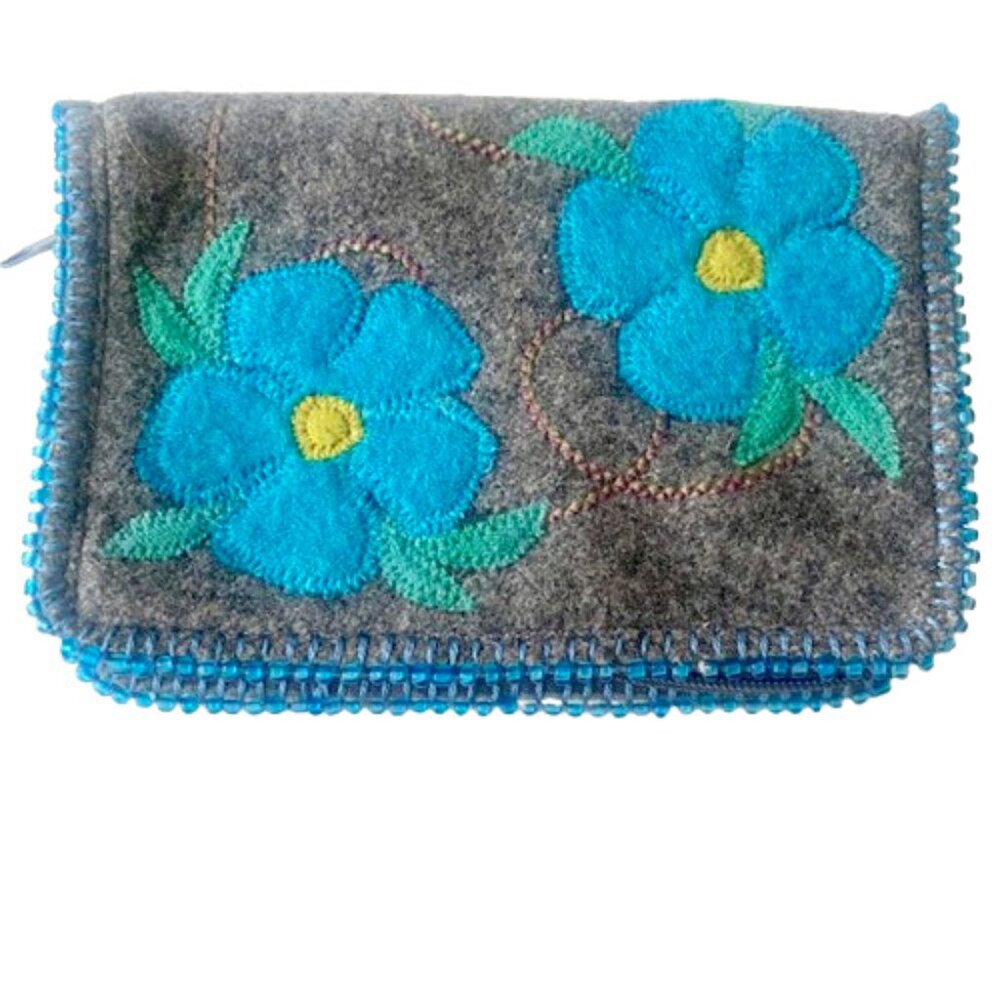 Recycled Zip Around Vegan Wallet Handmade Beaded Floral Applique